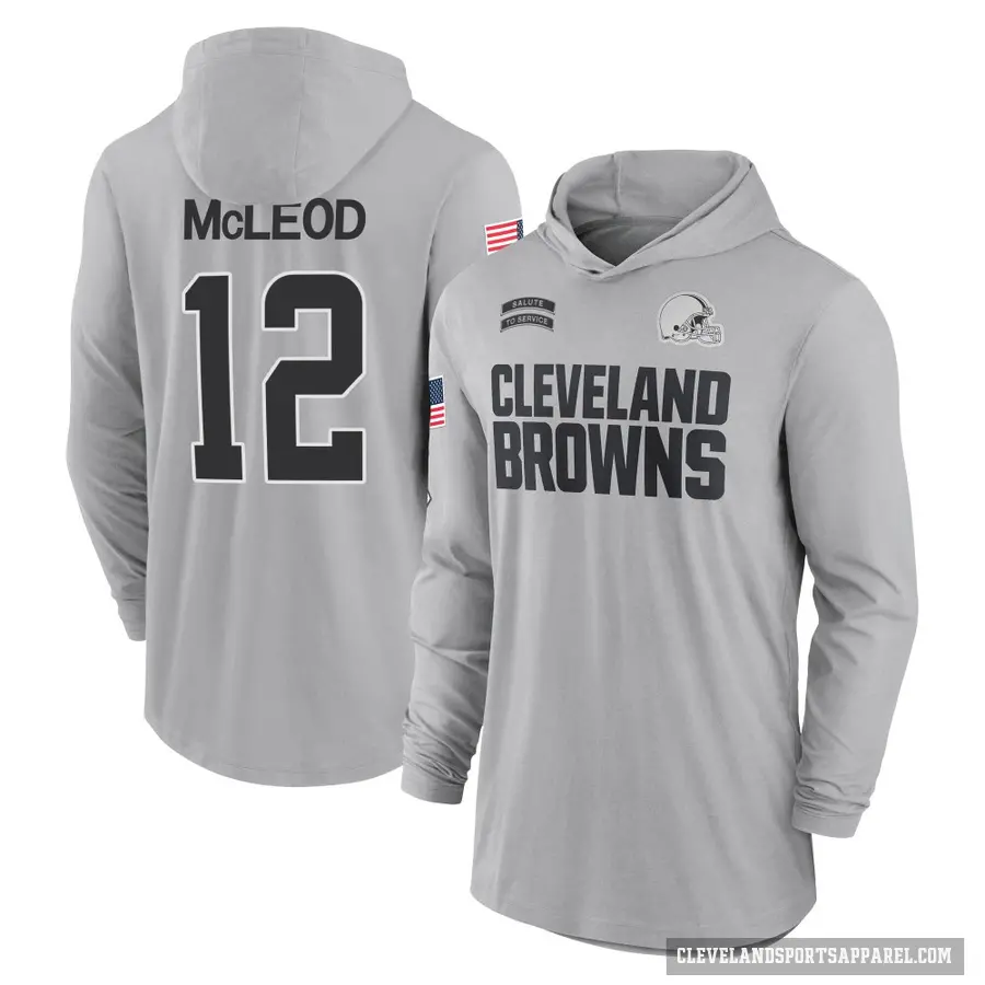 Men's ＃12 Rodney McLeod Jr. Cleveland Browns Gray 2024 Salute to Service Lightweight Performance Long Sleeve Hooded T-Shirt