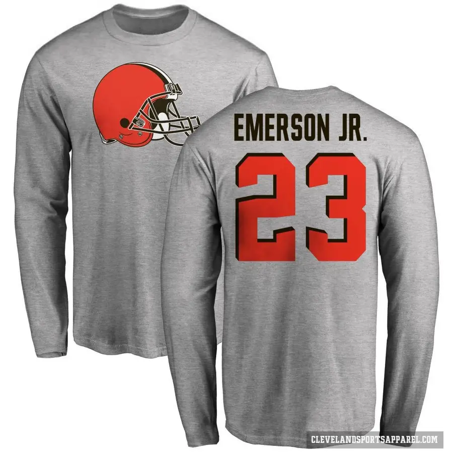 Men's ＃23 Martin Emerson Jr. Cleveland Browns Ash Logo Long Sleeve T-Shirt