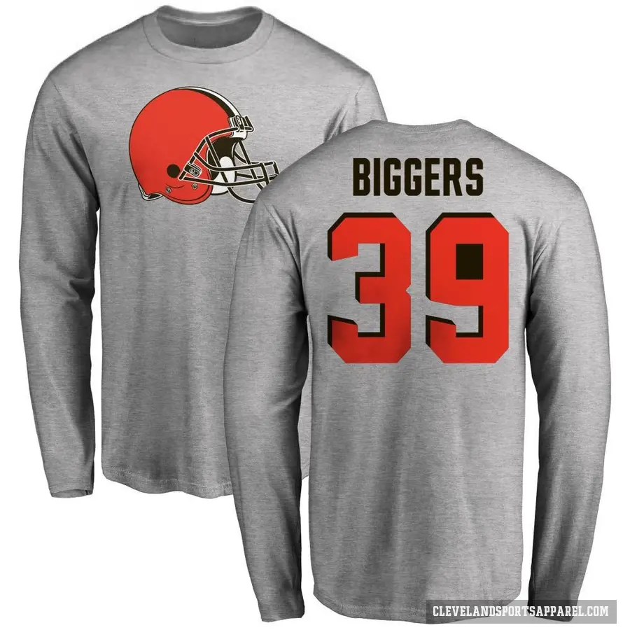 Men's ＃39 Caleb Biggers Cleveland Browns Ash Logo Long Sleeve T-Shirt