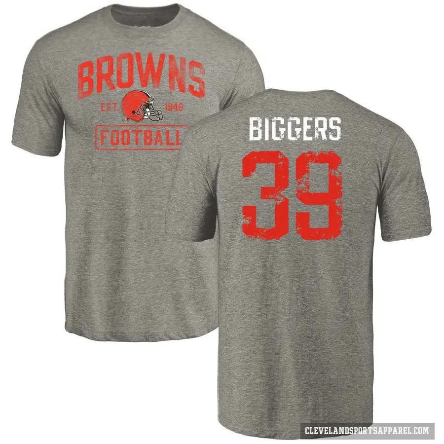 Men's ＃39 Caleb Biggers Cleveland Browns Gray Distressed T-Shirt