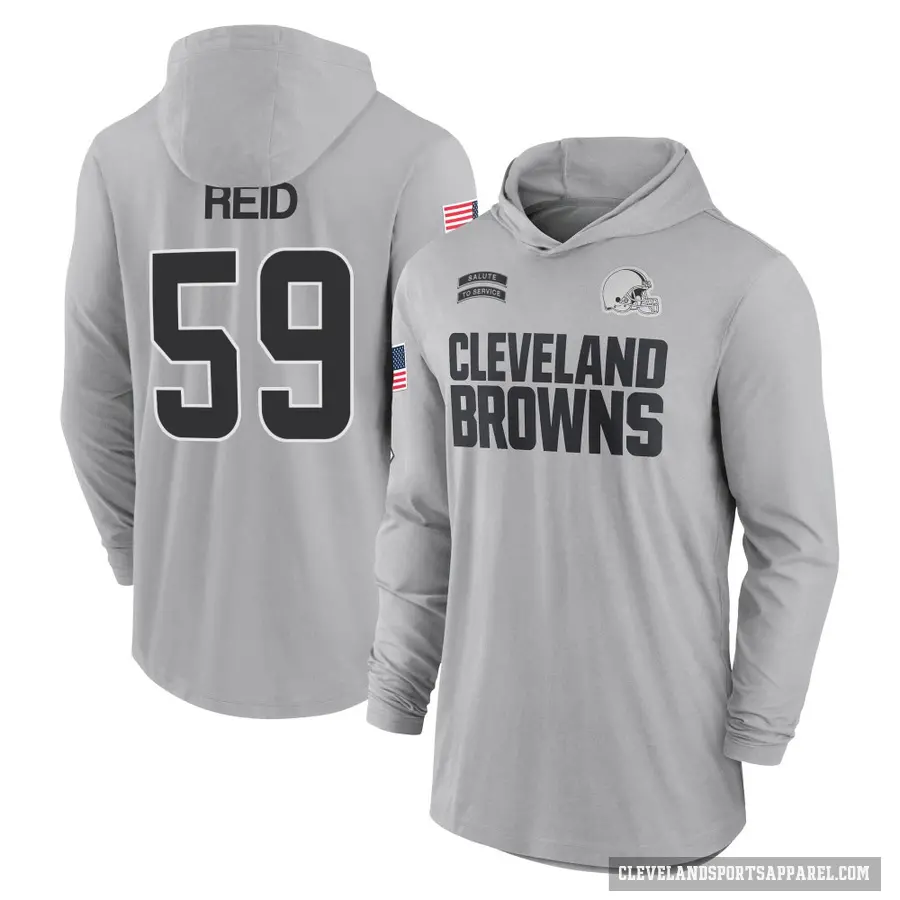 Men's ＃59 Winston Reid Cleveland Browns Gray 2024 Salute to Service Lightweight Performance Long Sleeve Hooded T-Shirt