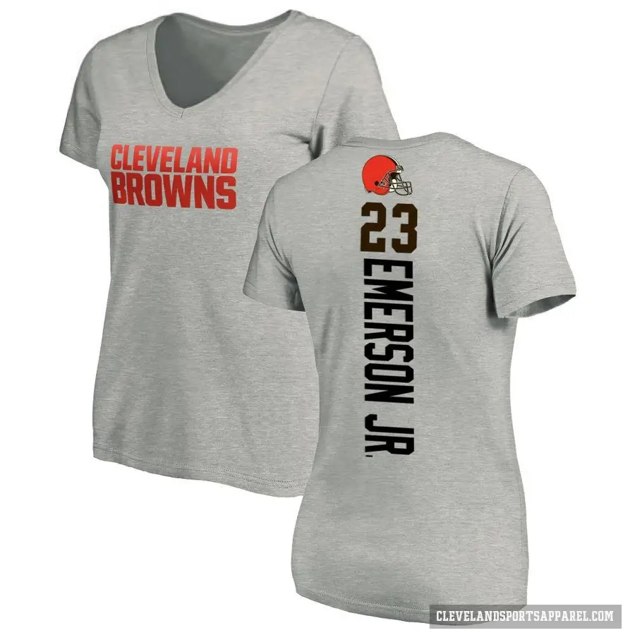 Women's ＃23 Martin Emerson Jr. Cleveland Browns Ash Backer V-Neck T-Shirt