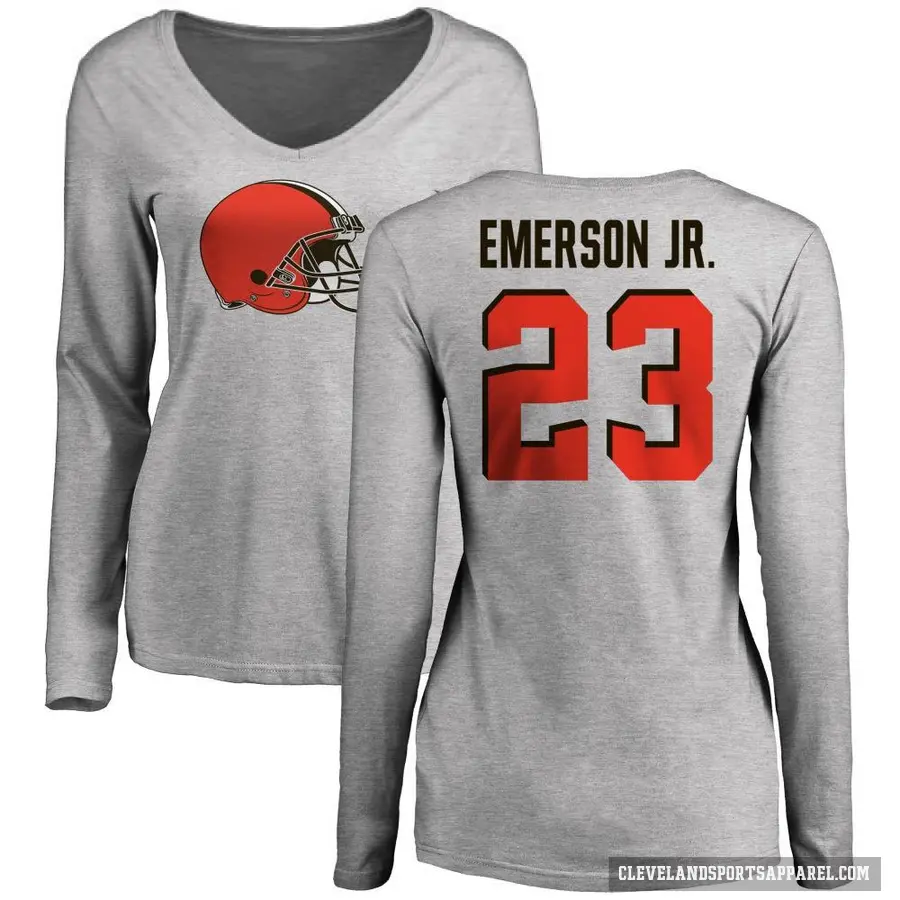 Women's ＃23 Martin Emerson Jr. Cleveland Browns Ash Logo Slim Fit Long Sleeve T-Shirt