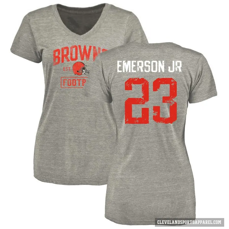 Women's ＃23 Martin Emerson Jr. Cleveland Browns Gray Heather Distressed V-Neck T-Shirt