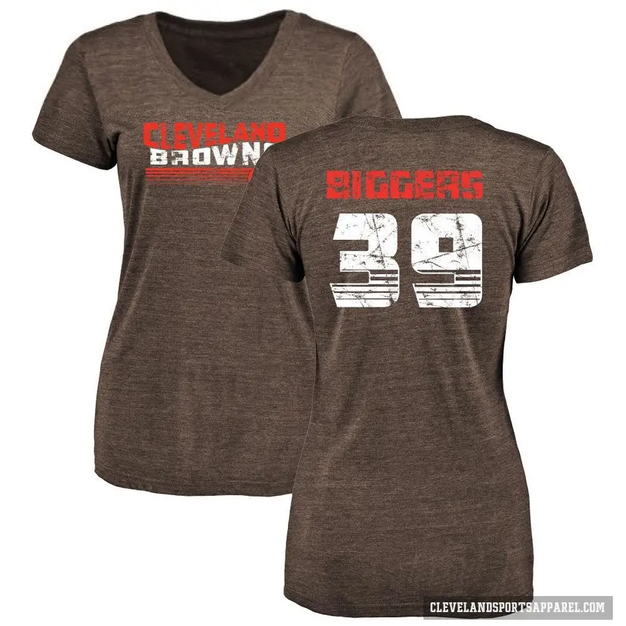 Women's ＃39 Caleb Biggers Cleveland Browns Brown Retro V-Neck T-Shirt