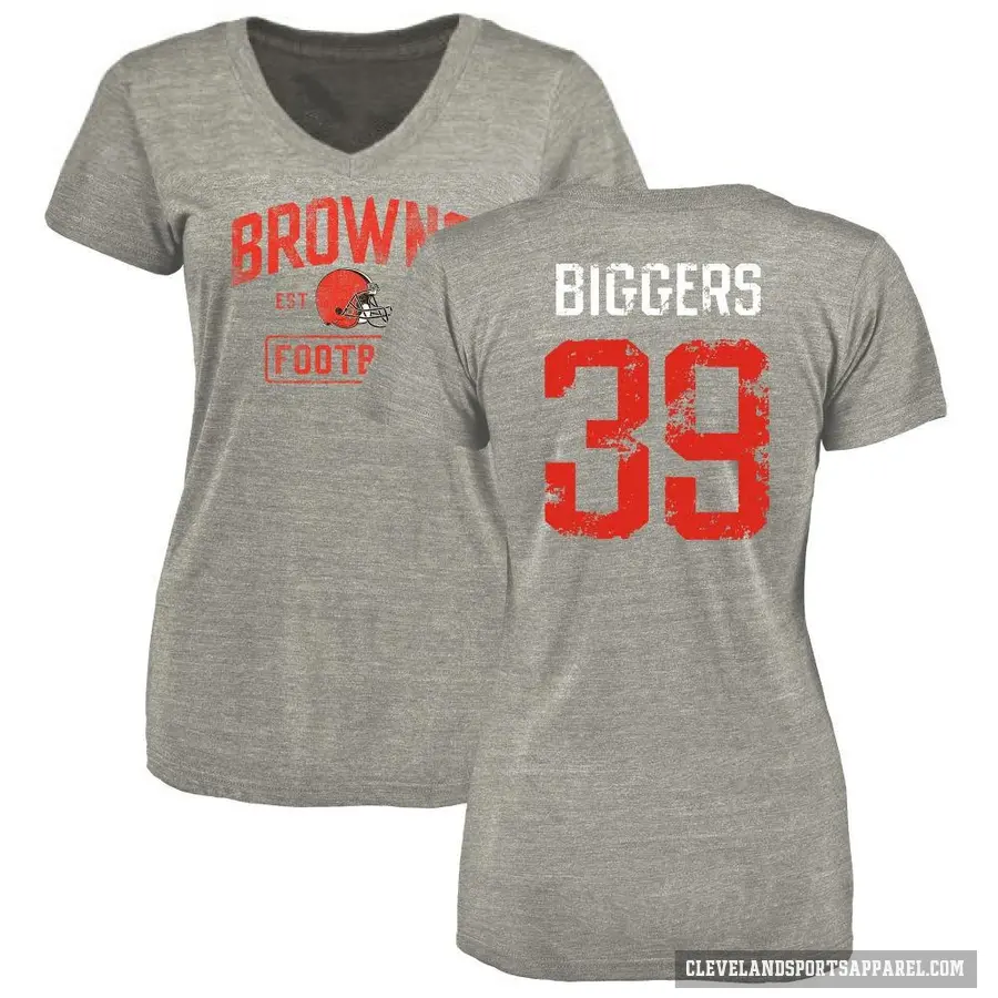 Women's ＃39 Caleb Biggers Cleveland Browns Gray Heather Distressed V-Neck T-Shirt