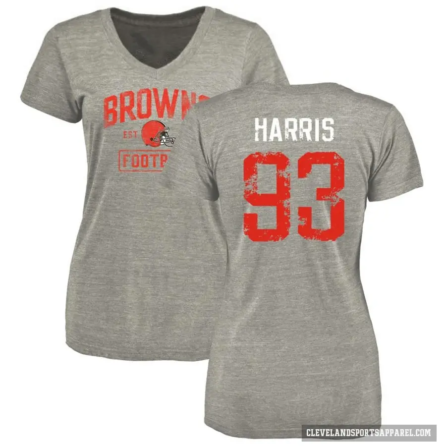 Women's ＃93 Shelby Harris Cleveland Browns Gray Heather Distressed V-Neck T-Shirt