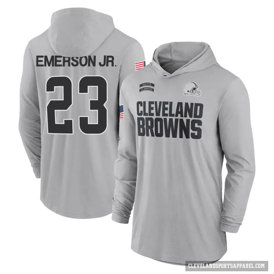 Youth ＃23 Martin Emerson Jr. Cleveland Browns Gray 2024 Salute to Service Lightweight Performance Long Sleeve Hooded T-Shirt