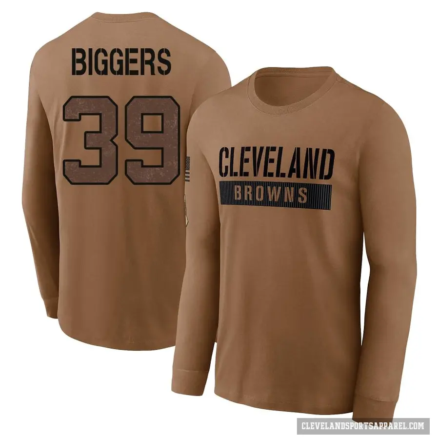 Youth ＃39 Caleb Biggers Cleveland Browns Brown 2023 Salute To Service Long Sleeve T-Shirt