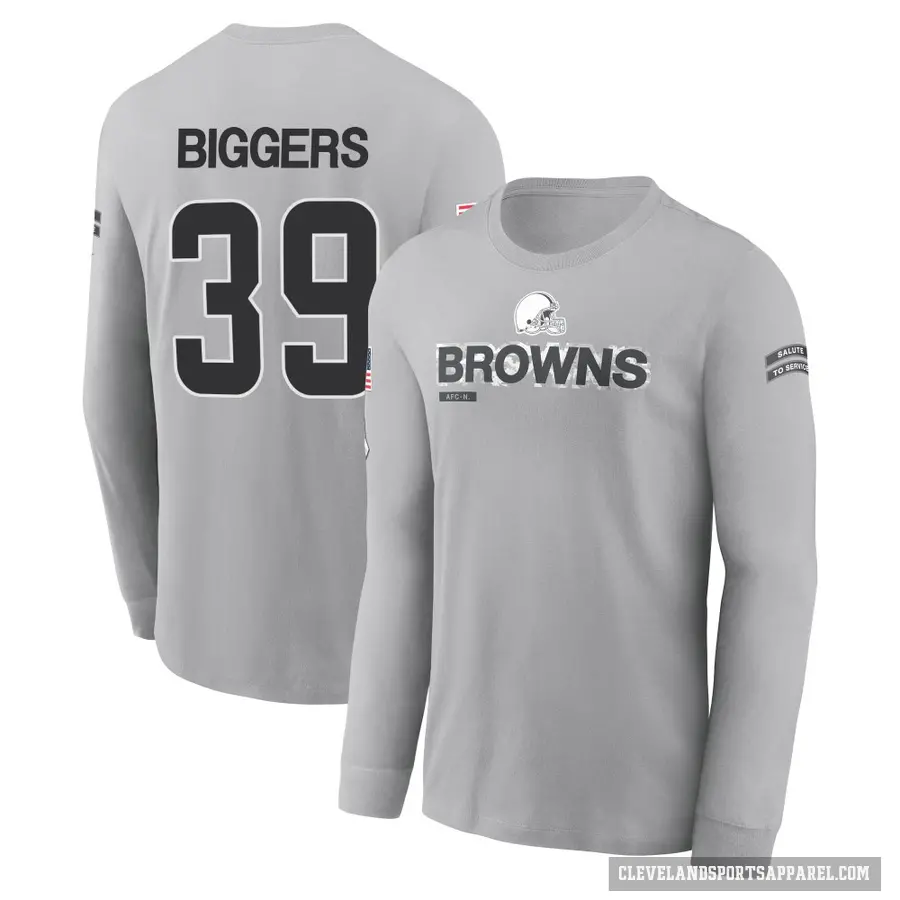 Youth ＃39 Caleb Biggers Cleveland Browns Gray 2024 Salute to Service Long Sleeve T-Shirt